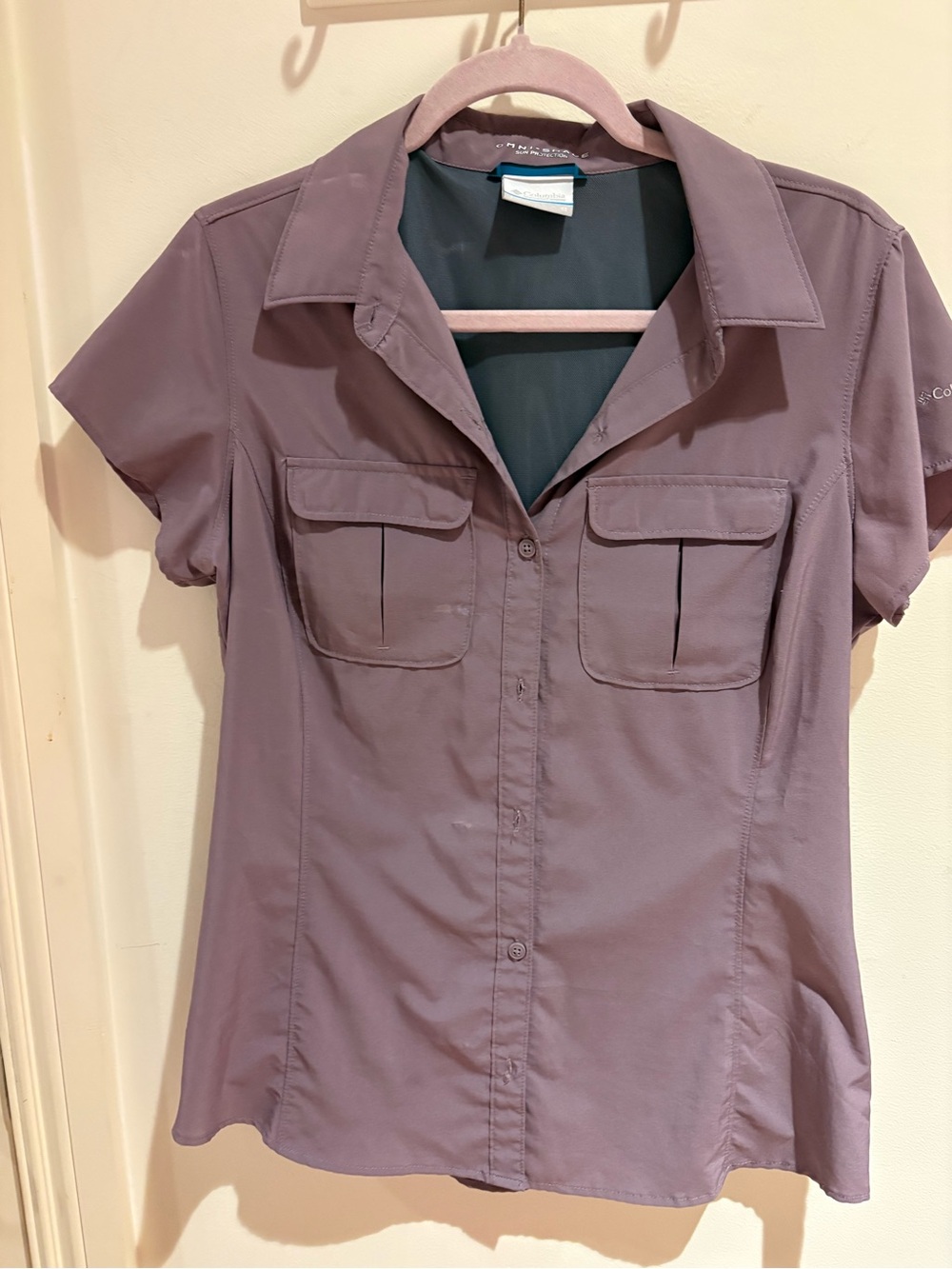 Columbia Omni-Shade Short Sleeve Shirt - Mauve with Teal Trim